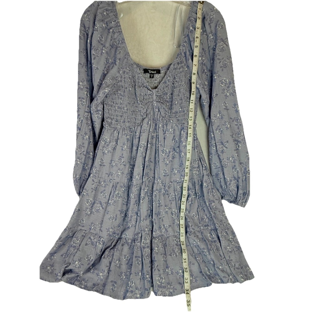 Trixxi Women's Blue White Floral Puffed Long Sleeve V-Neck‎ Mini Dress Size L - Picture 3 of 9